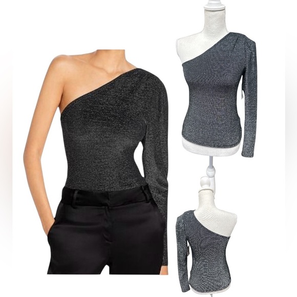 Ramy Brook Violeta One Shoulder Top Black Silver Metallic Nylon NWT XS - Picture 2 of 6